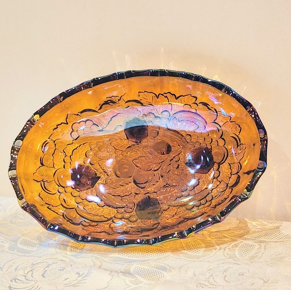 VTG Amber Iridescent, Footed Oval Indiana Carnival Glass, Harvest Fruit Bowl - Picture 4 of 9